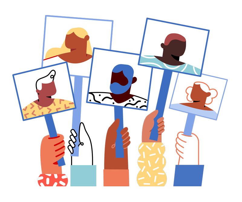 Dessin de mains tenant des panneaux avec des images de personnes