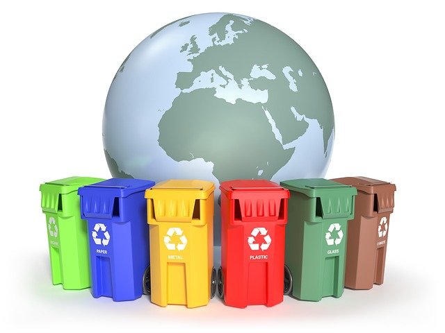 Dessin de la planète Terre entourée par des poubelles colorées
